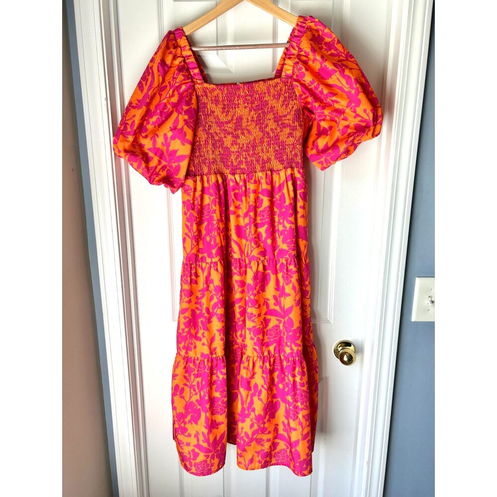 THML Floral Puff Sleeve Tiered Midi Dress Sz medium